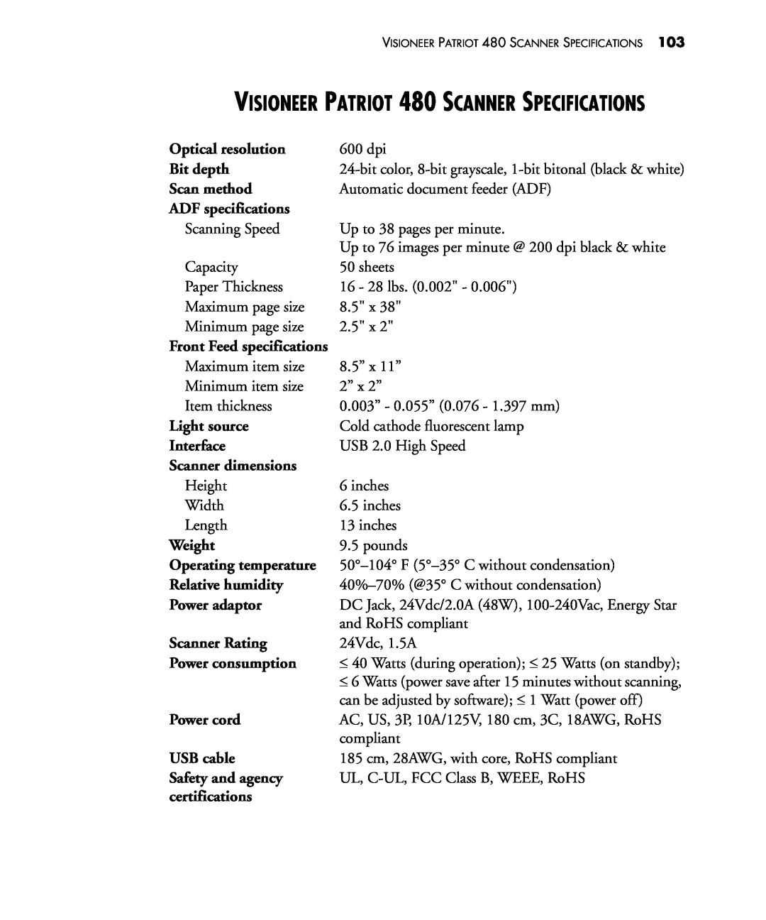 Visioneer manual VISIONEER PATRIOT 480 SCANNER SPECIFICATIONS 