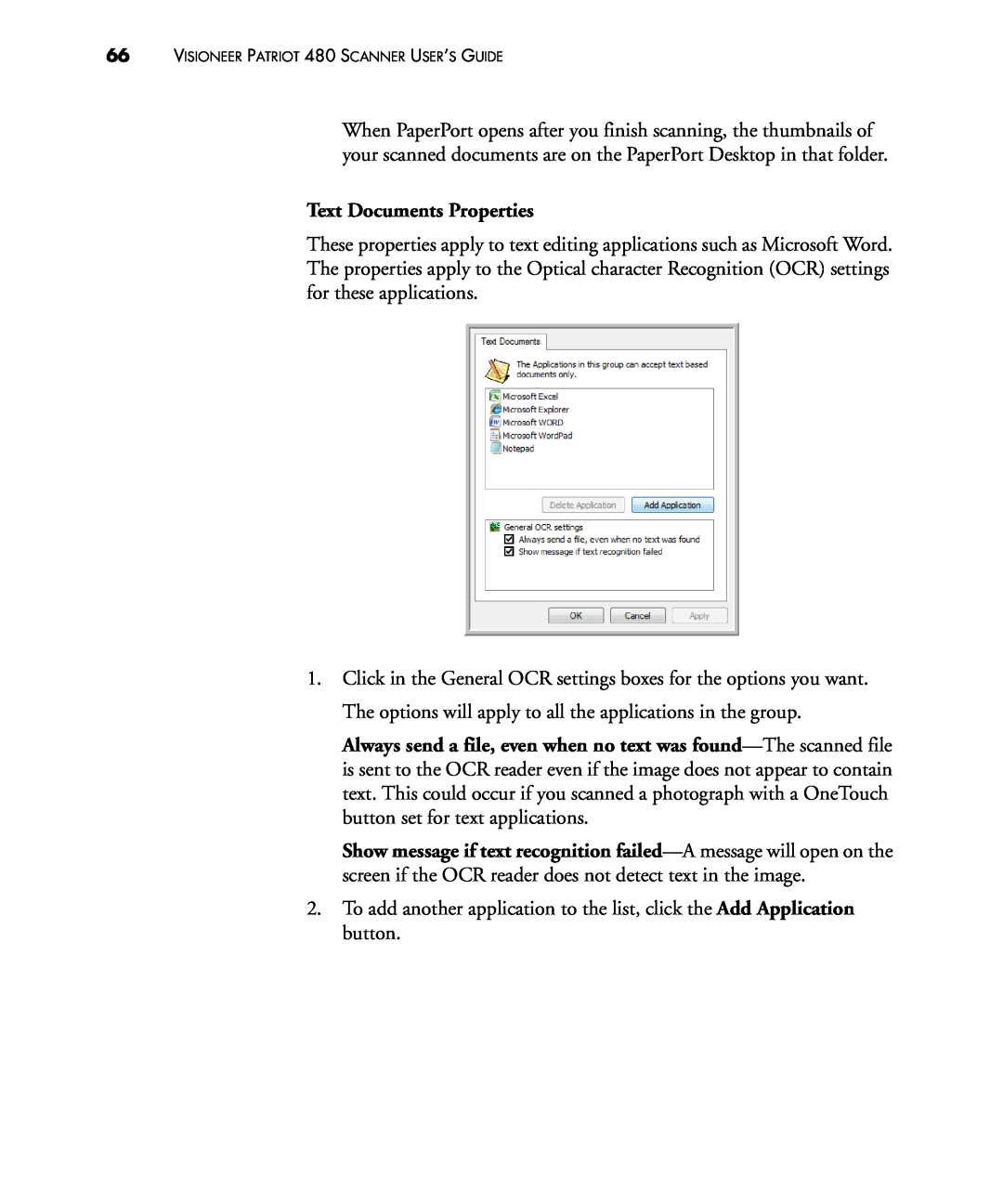 Visioneer 480 manual Text Documents Properties 