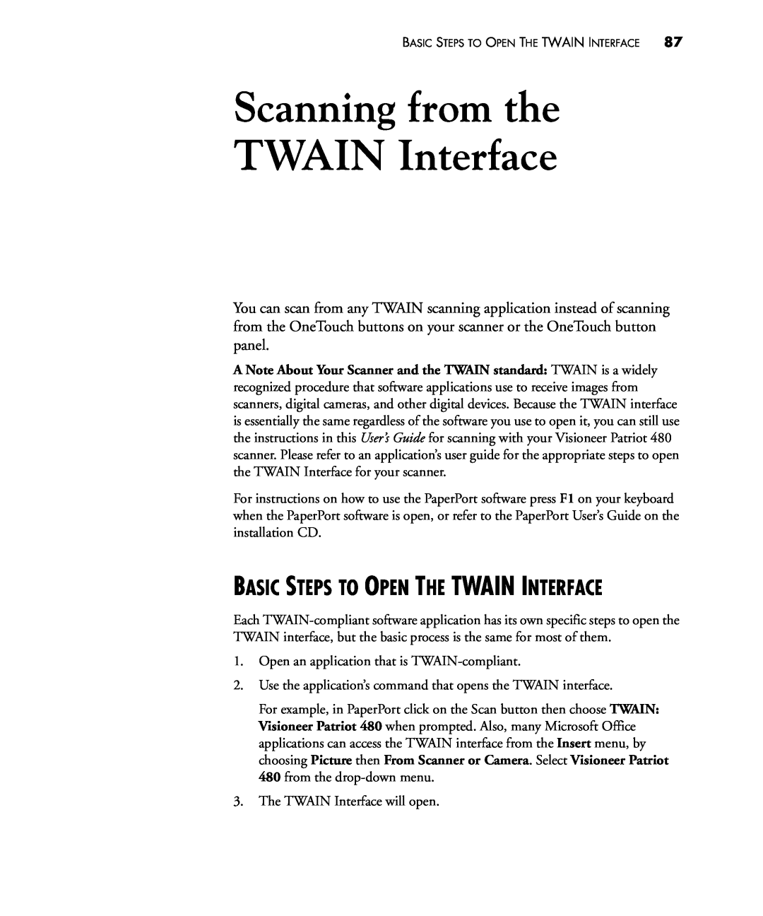 Visioneer 480 manual Scanning from the TWAIN Interface, Basic Steps To Open The Twain Interface 