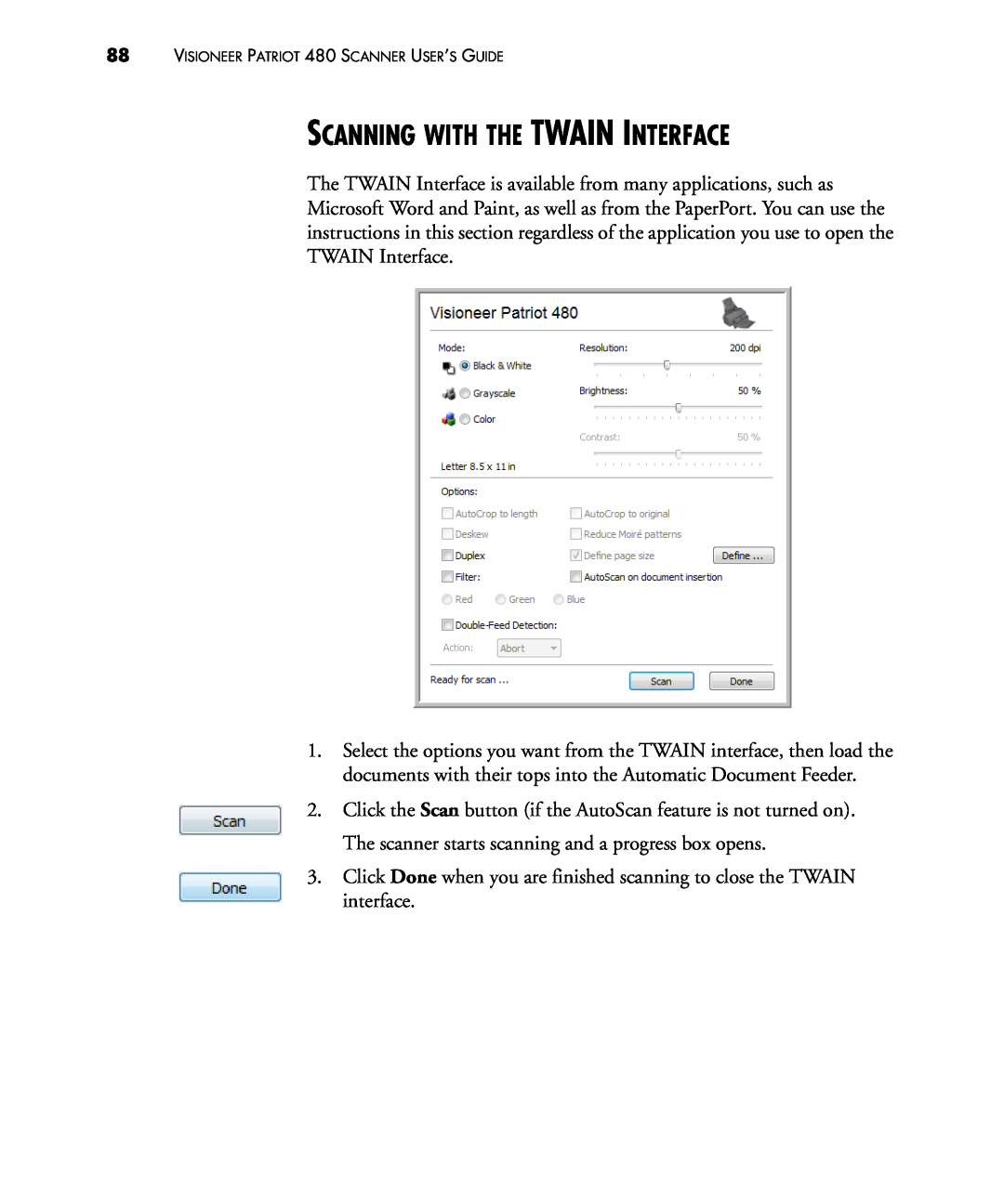 Visioneer manual Scanning With The Twain Interface, VISIONEER PATRIOT 480 SCANNER USER’S GUIDE 
