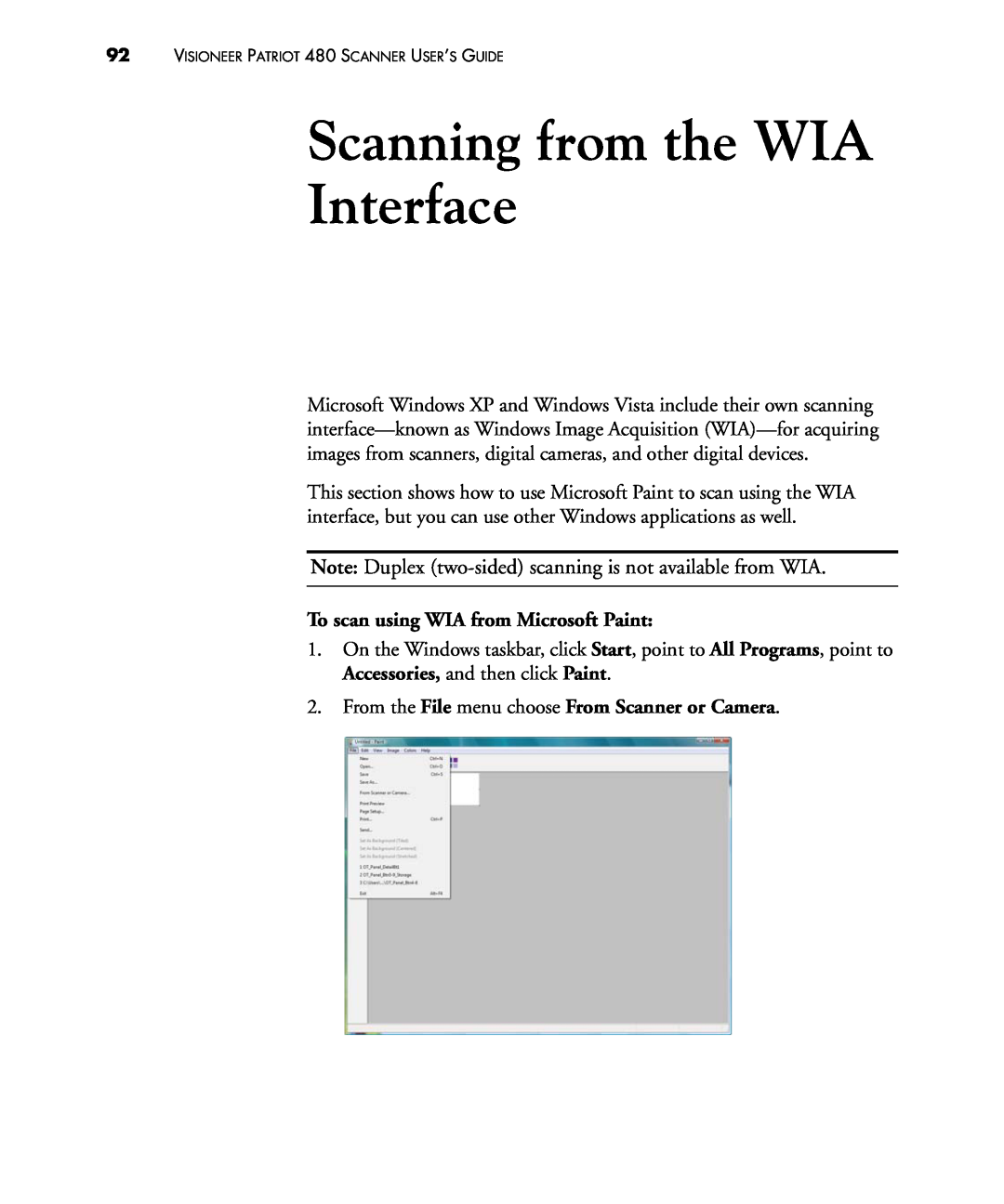 Visioneer 480 manual Scanning from the WIA Interface, To scan using WIA from Microsoft Paint 