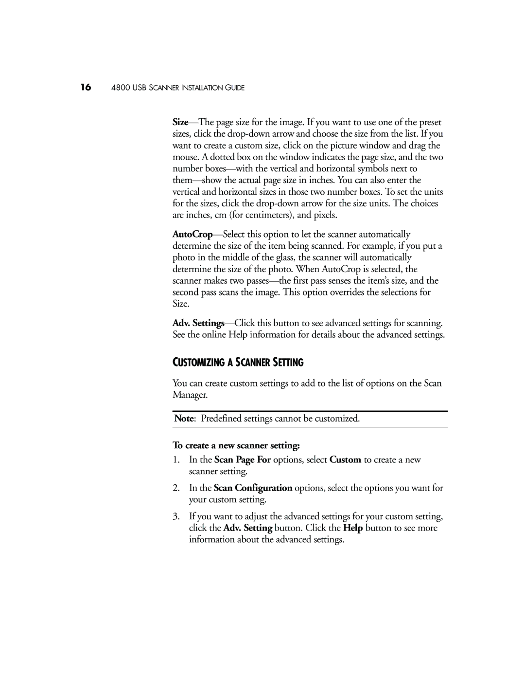 Visioneer 4800 USB manual Customizing a Scanner Setting, To create a new scanner setting 