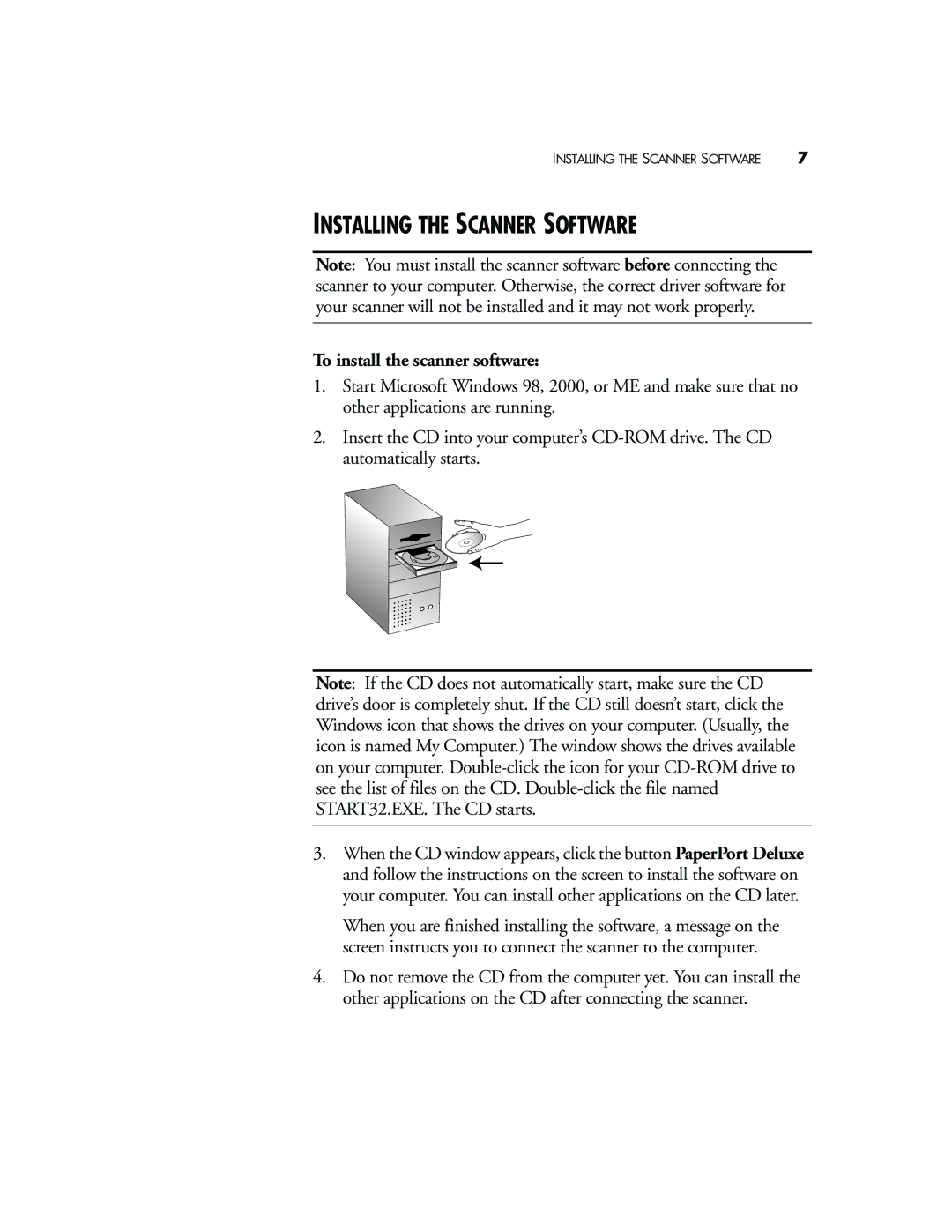 Visioneer 4800 USB manual Installing the Scanner Software, To install the scanner software 