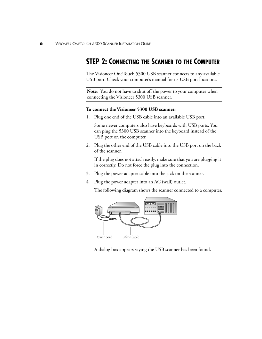 Visioneer manual Connecting the Scanner to the Computer, To connect the Visioneer 5300 USB scanner 