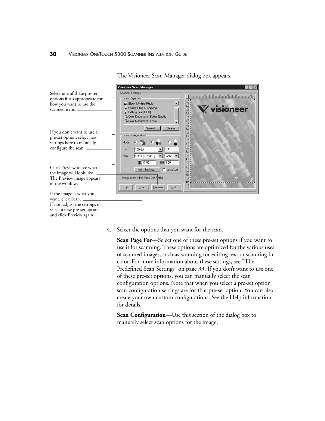 Visioneer 5300 manual Visioneer Scan Manager dialog box appears 