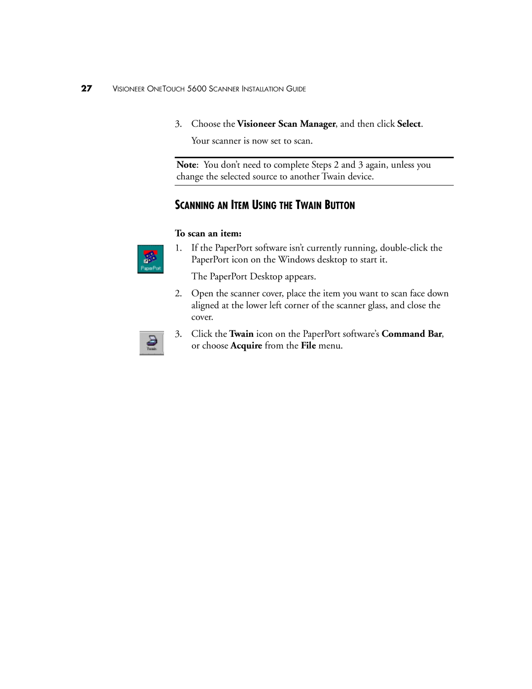 Visioneer 5600 manual Scanning AN Item Using the Twain Button, To scan an item 