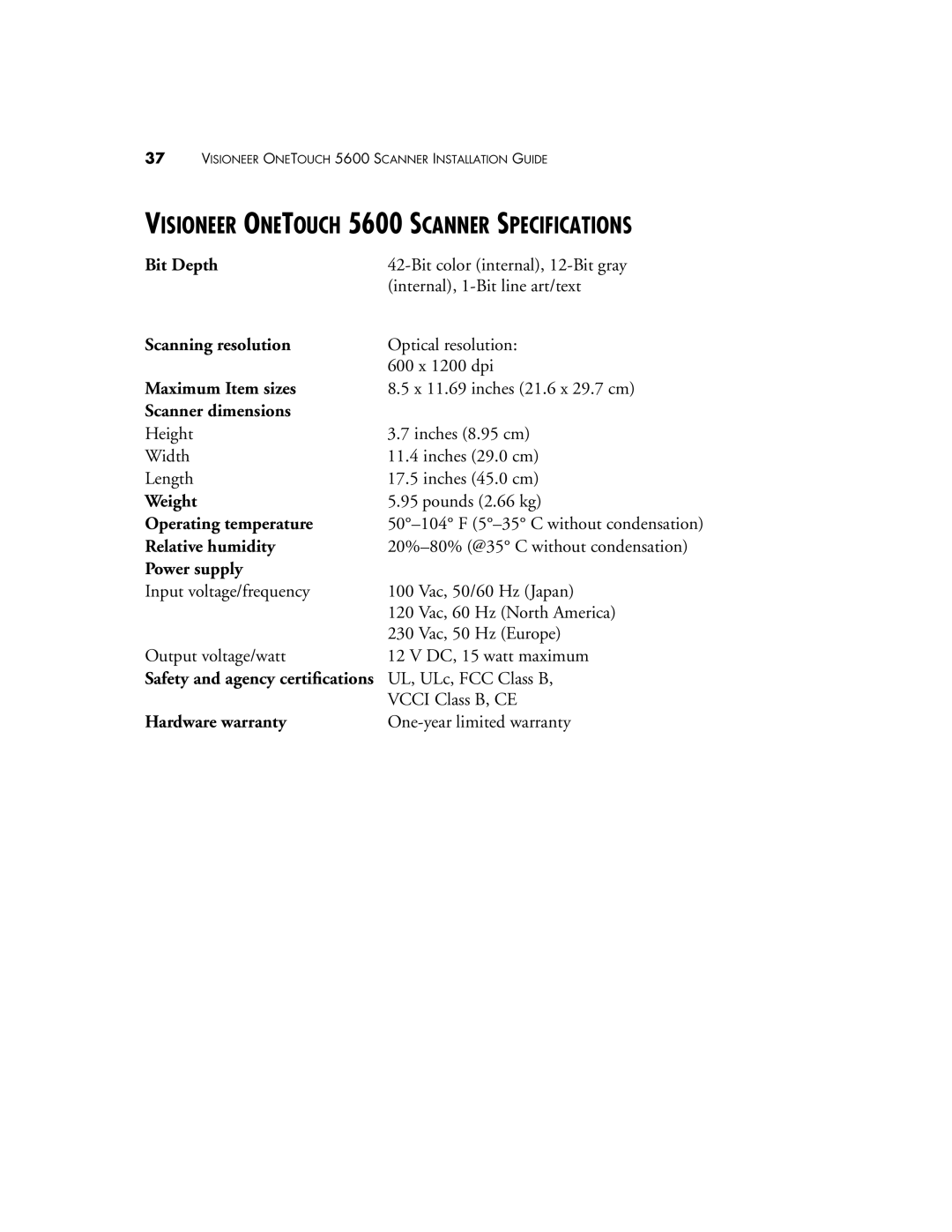 Visioneer manual Visioneer Onetouch 5600 Scanner Specifications 