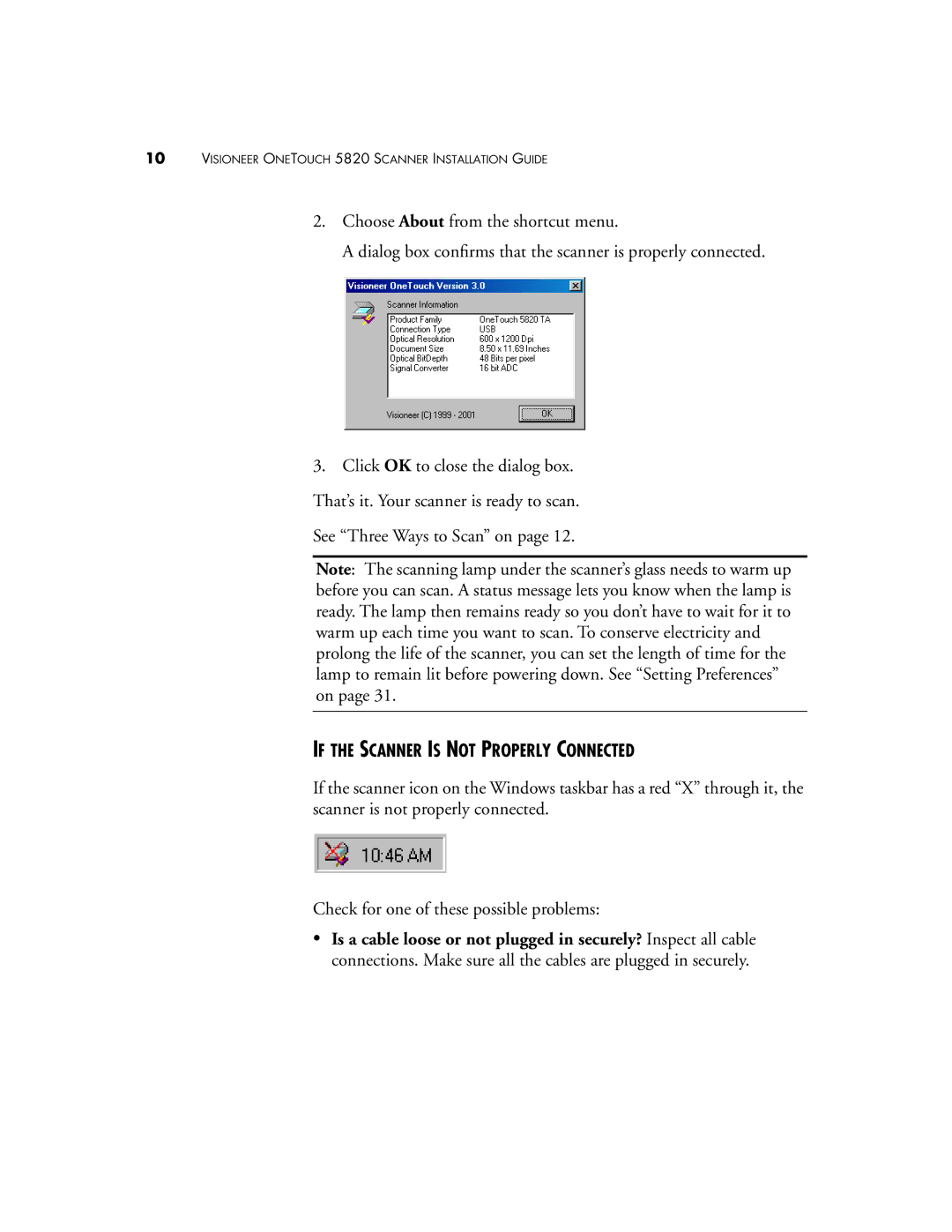 Visioneer 5820 manual If the Scanner is not Properly Connected 