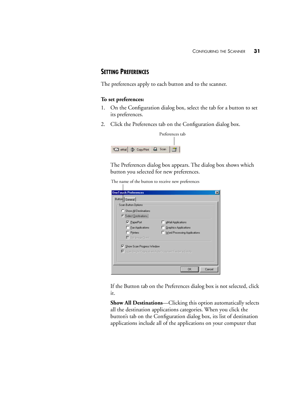 Visioneer 5820 manual Setting Preferences, To set preferences 