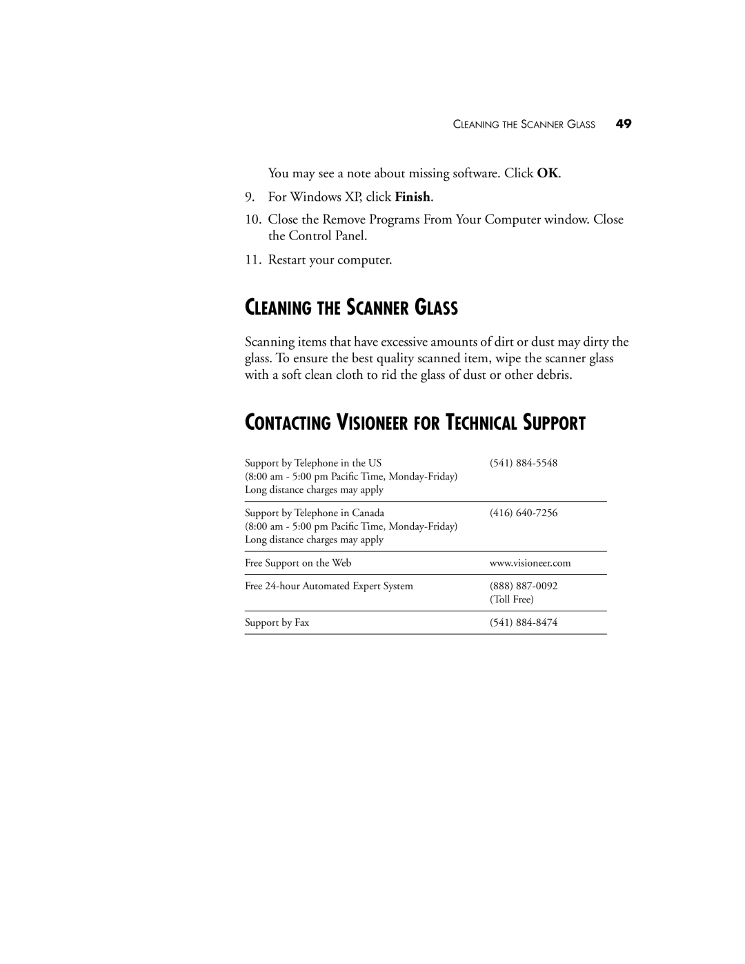 Visioneer 5820 manual Cleaning the Scanner Glass, Contacting Visioneer for Technical Support 