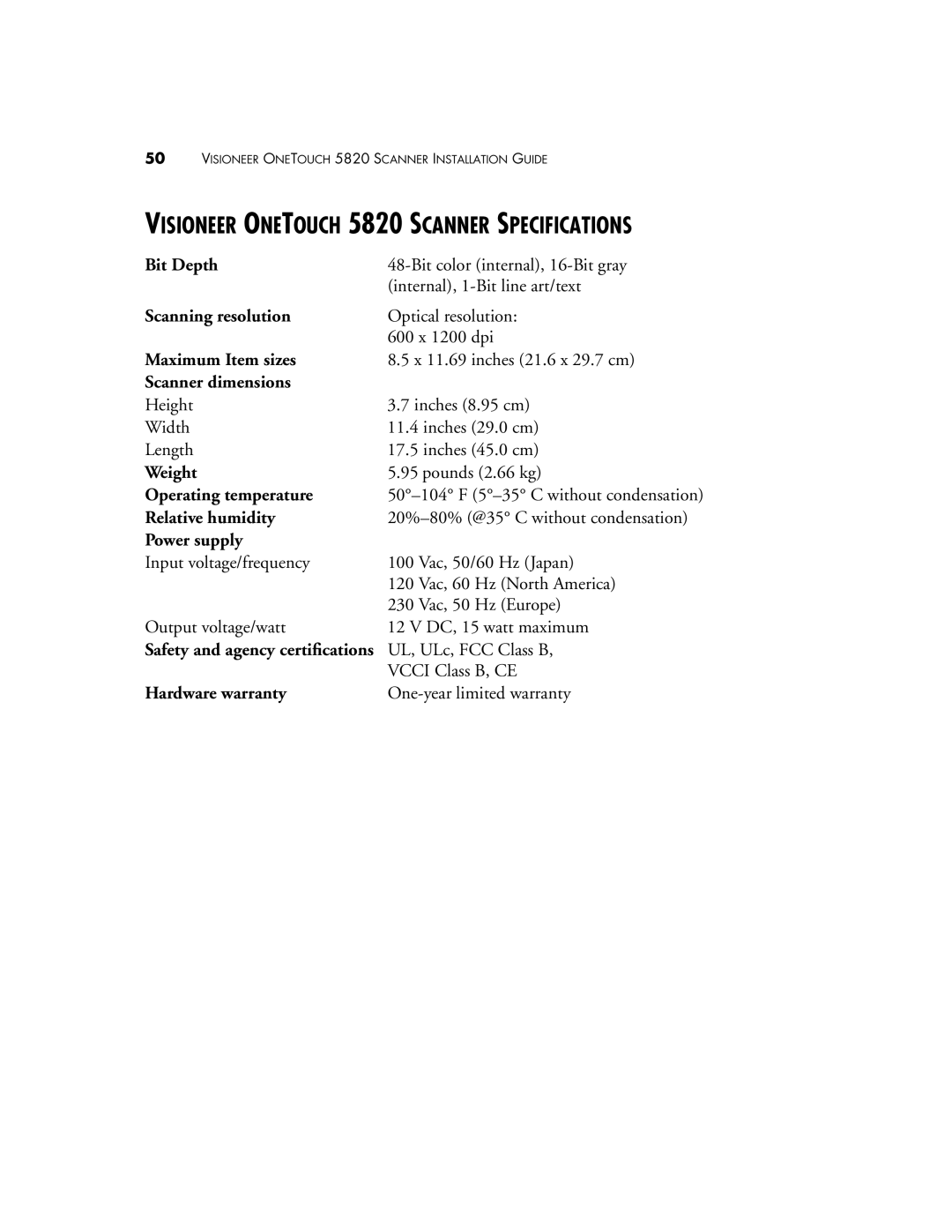 Visioneer manual Visioneer Onetouch 5820 Scanner Specifications 