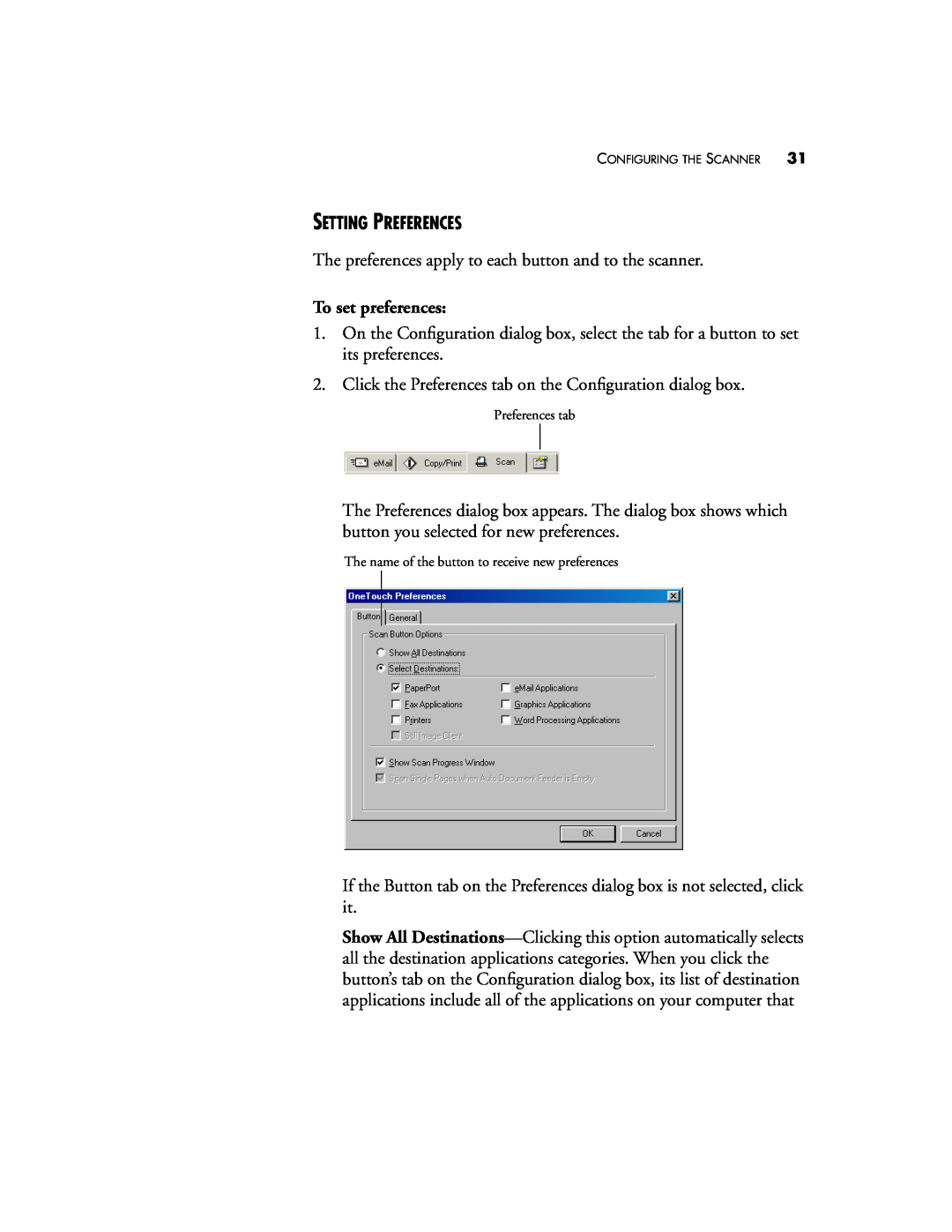 Visioneer 5820 manual Setting Preferences, To set preferences 