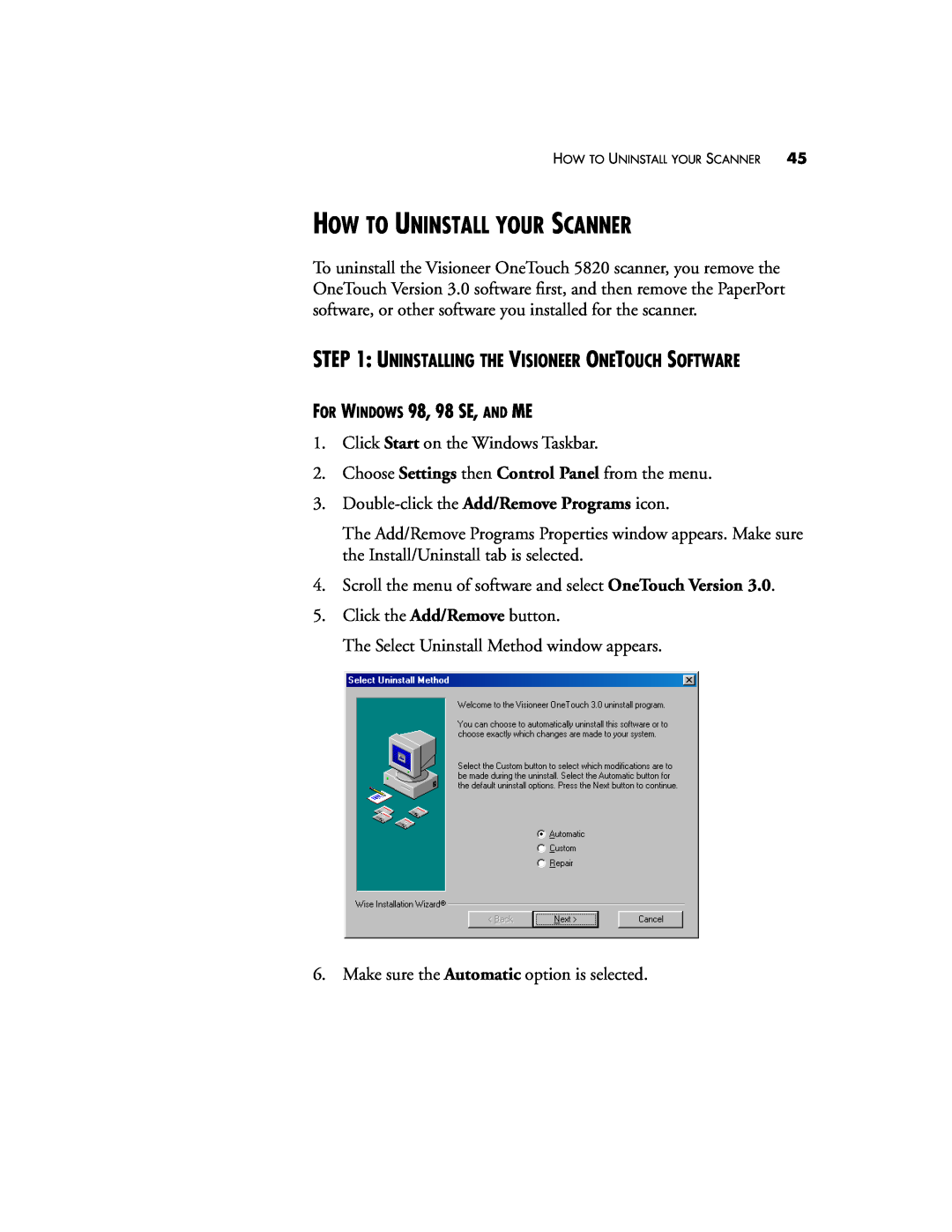 Visioneer 5820 manual How To Uninstall Your Scanner, FOR WINDOWS 98, 98 SE, AND ME 