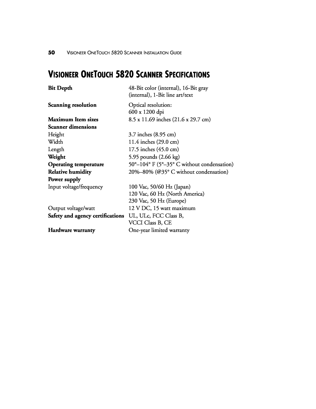 Visioneer manual VISIONEER ONETOUCH 5820 SCANNER SPECIFICATIONS 