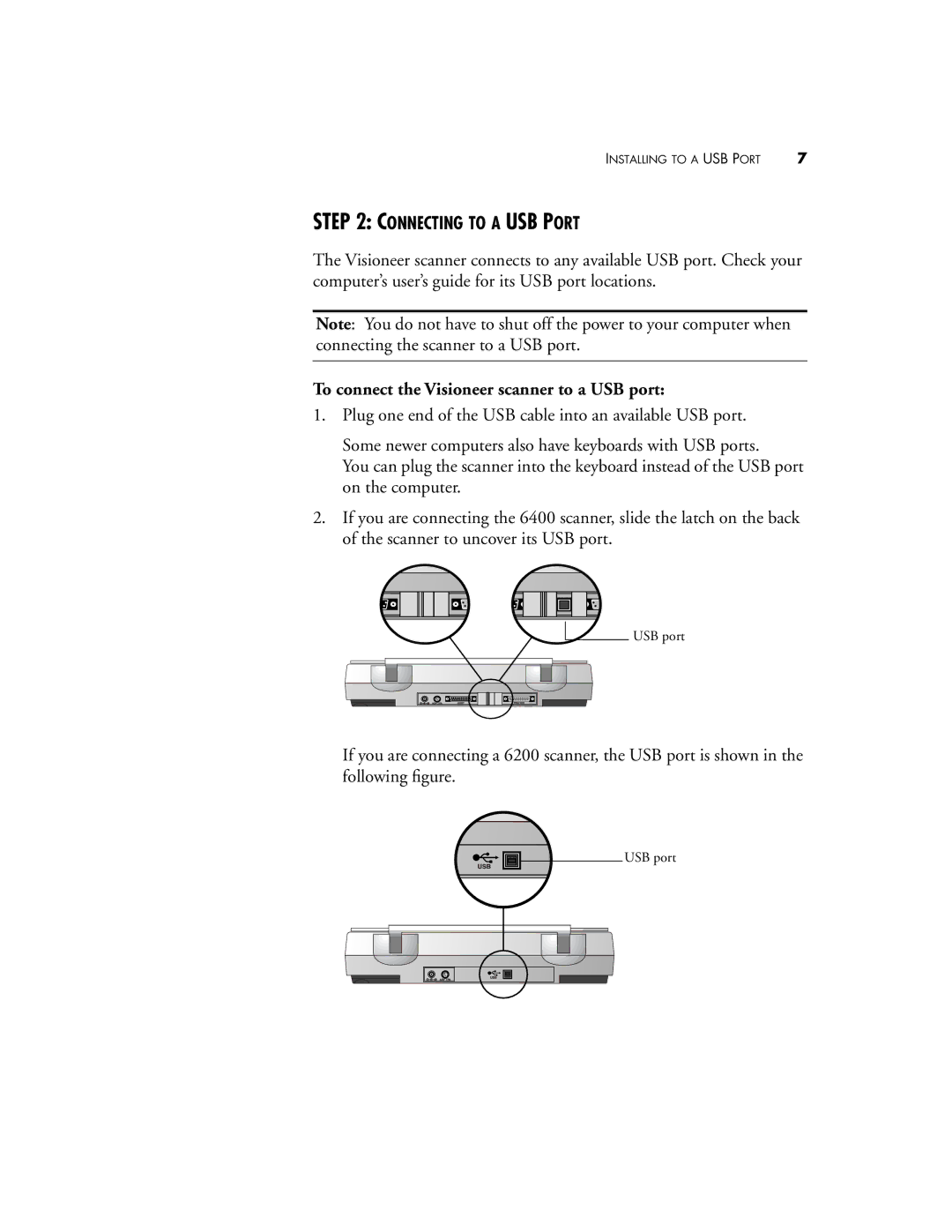 Visioneer 6200, 6400 manual Connecting to a USB Port, To connect the Visioneer scanner to a USB port 