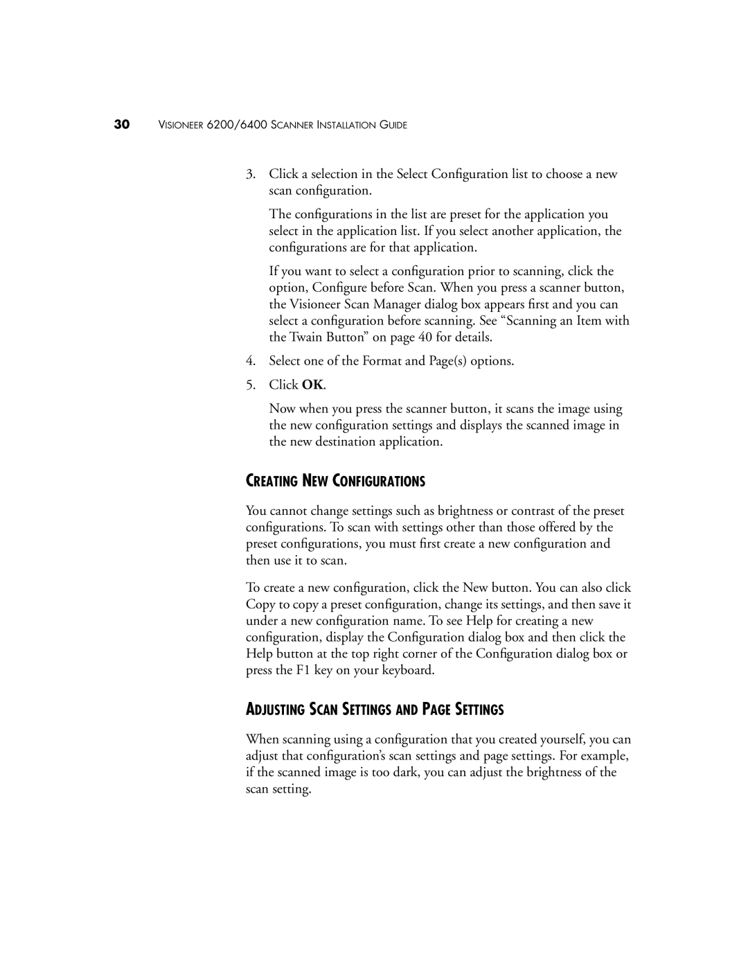 Visioneer 6400, 6200 manual Creating NEW Configurations, Adjusting Scan Settings and page Settings 