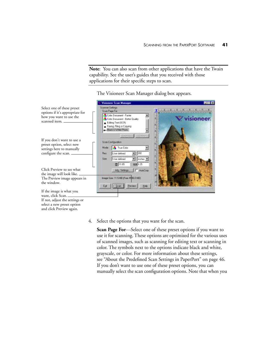 Visioneer 6200, 6400 manual Visioneer Scan Manager dialog box appears 