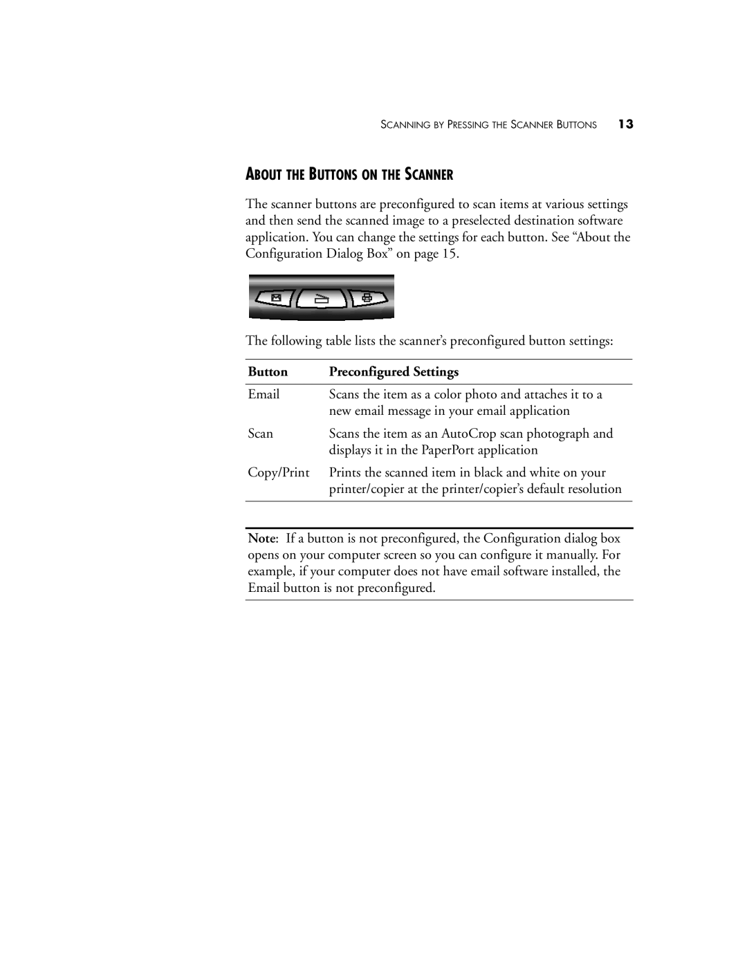 Visioneer 6600 manual About the Buttons on the Scanner, Button Preconfigured Settings 