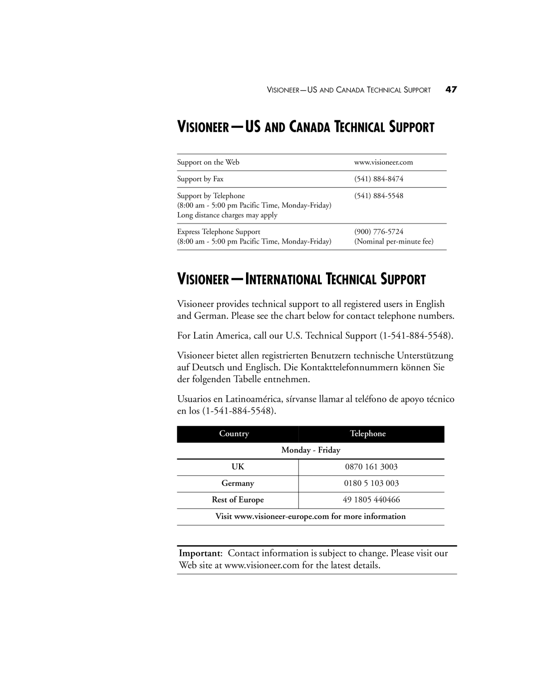 Visioneer 6600 manual VISIONEER-USAND Canada Technical Support 