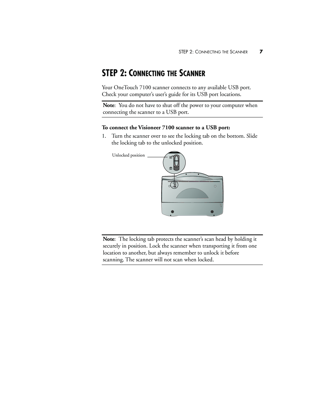 Visioneer manual Connecting the Scanner, To connect the Visioneer 7100 scanner to a USB port 