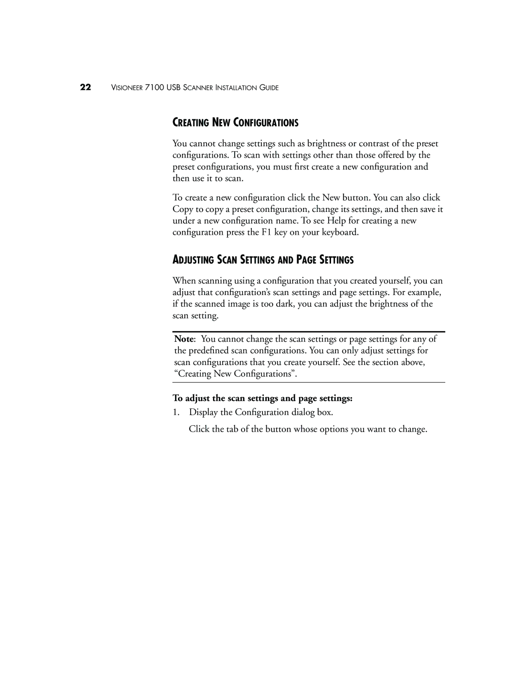 Visioneer 7100 manual Creating NEW Configurations, Adjusting Scan Settings and page Settings 