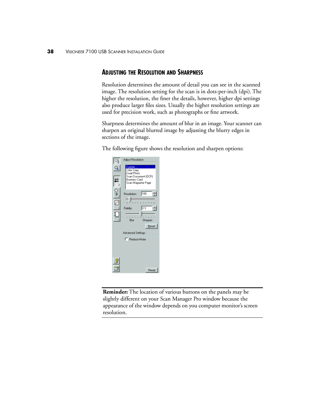 Visioneer 7100 manual Adjusting the Resolution and Sharpness 