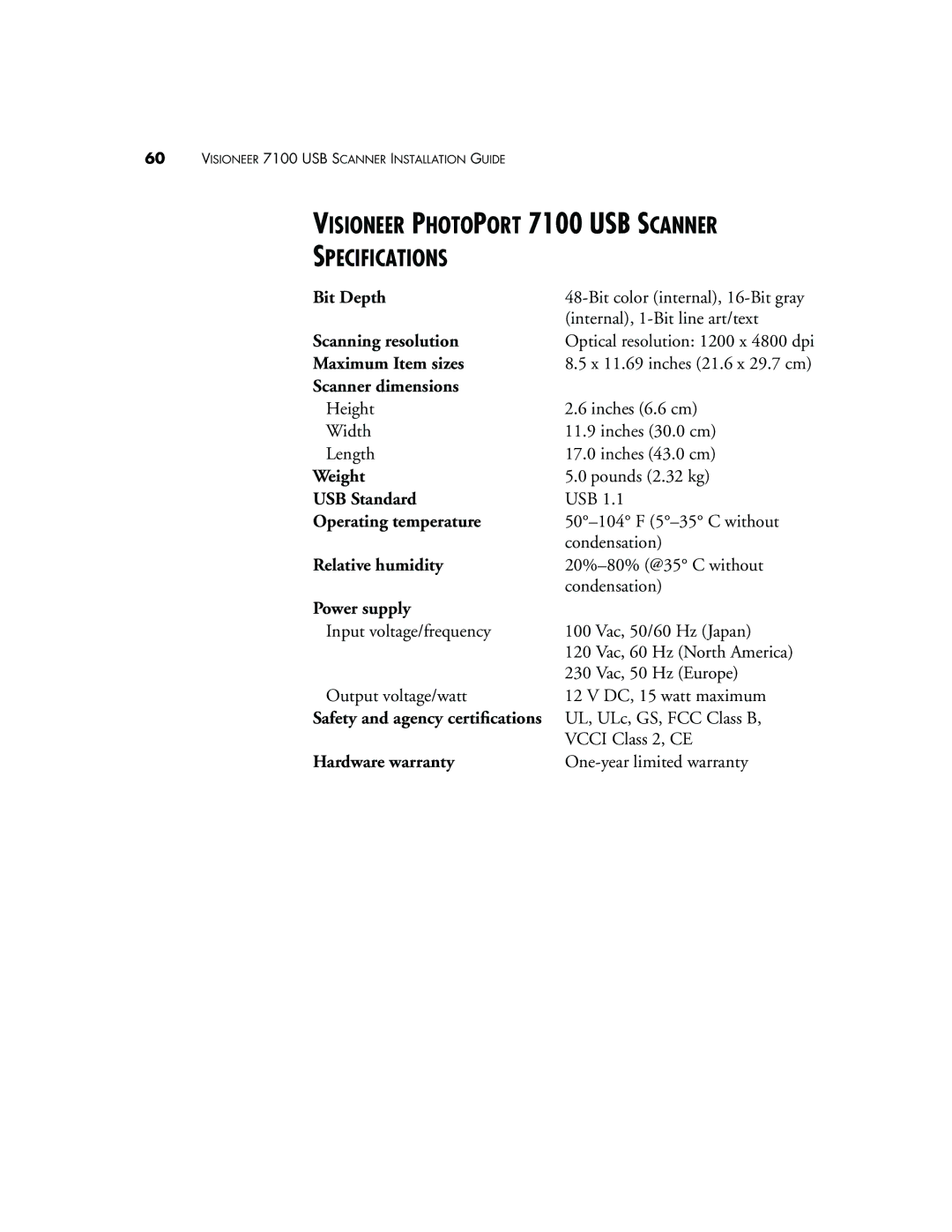 Visioneer manual Visioneer Photoport 7100 USB Scanner Specifications 