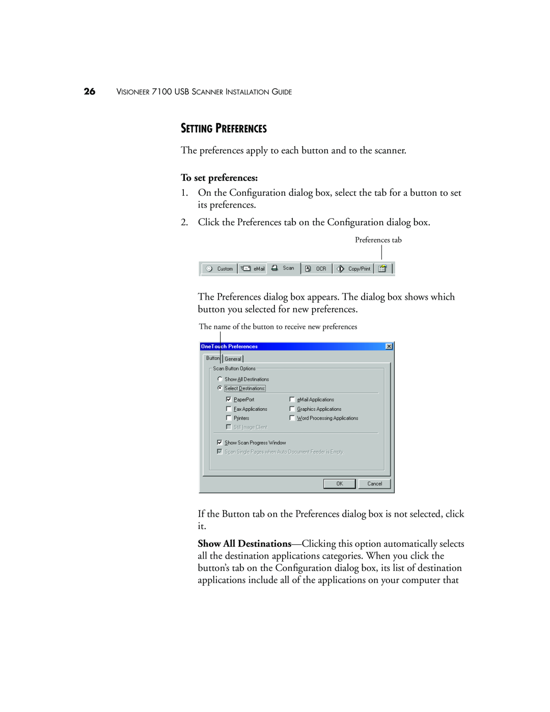 Visioneer 7100 manual Setting Preferences, To set preferences 