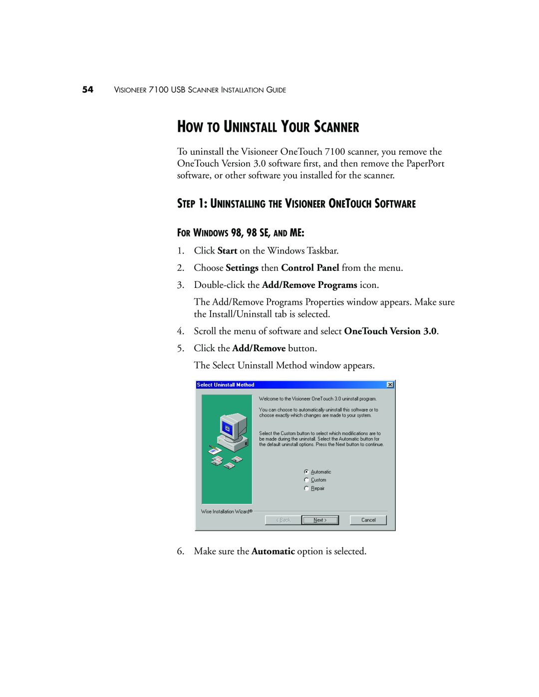 Visioneer 7100 How To Uninstall Your Scanner, Uninstalling The Visioneer Onetouch Software, FOR WINDOWS 98, 98 SE, AND ME 