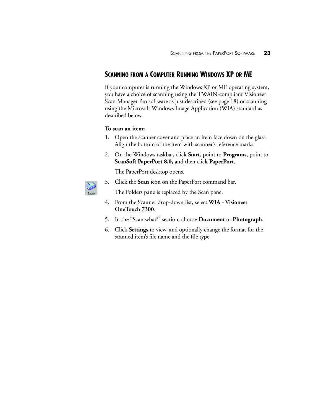 Visioneer 7300 manual Scanning from a Computer Running Windows XP or ME, To scan an item 