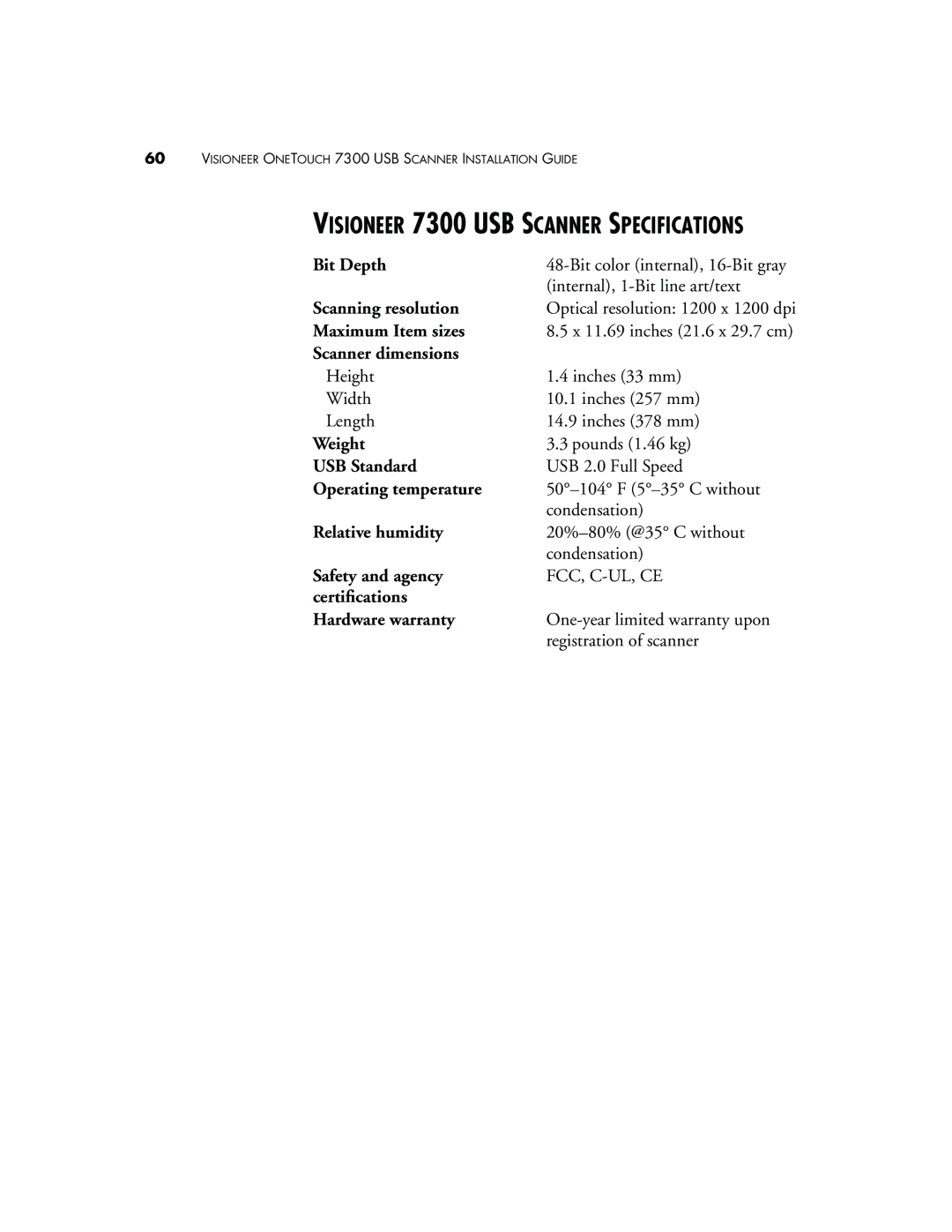 Visioneer manual Visioneer 7300 USB Scanner Specifications 