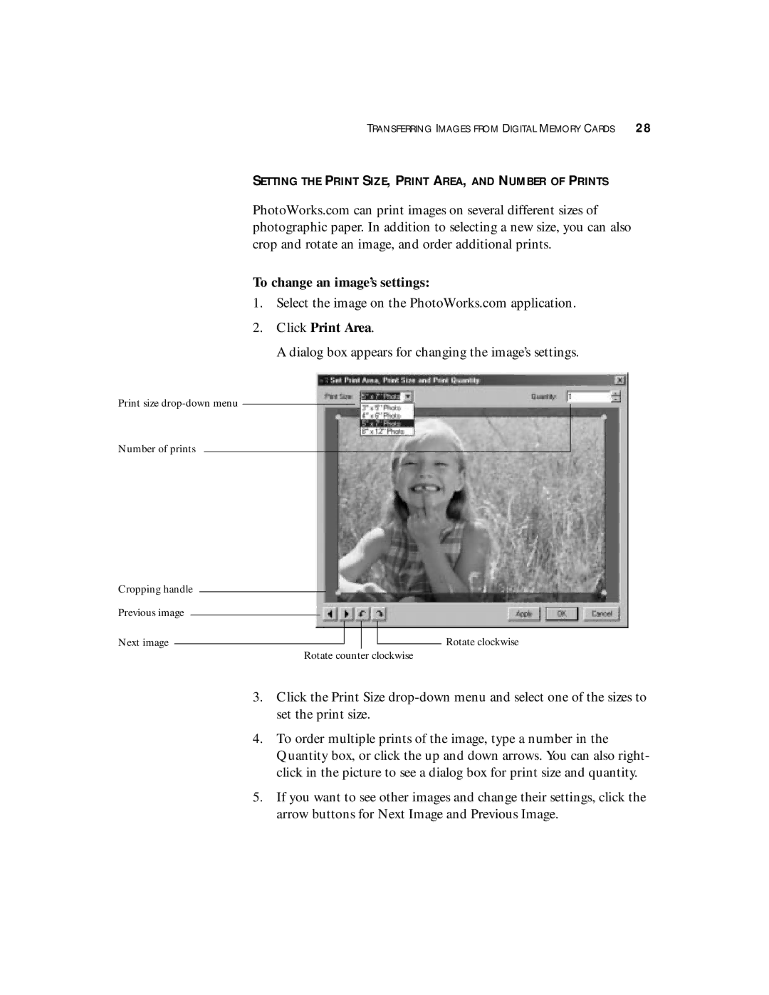 Visioneer 7700 manual To change an image’s settings Click Print Area, Dialog box appears for changing the image’s settings 