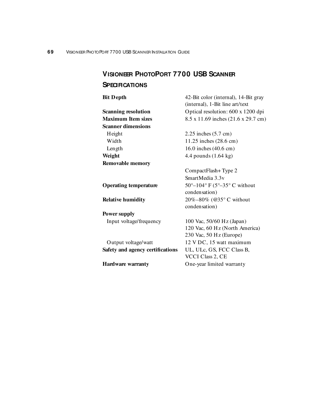 Visioneer manual Visioneer Photoport 7700 USB Scanner Specifications 