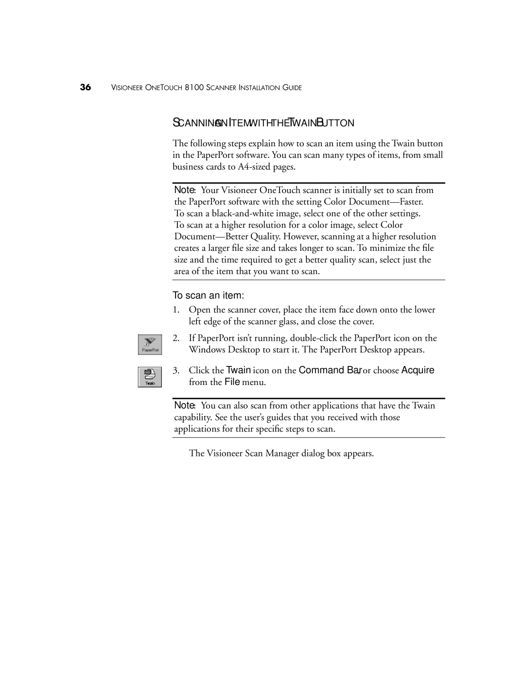 Visioneer 8100 manual Scanning AN Item with the Twain Button, To scan an item 