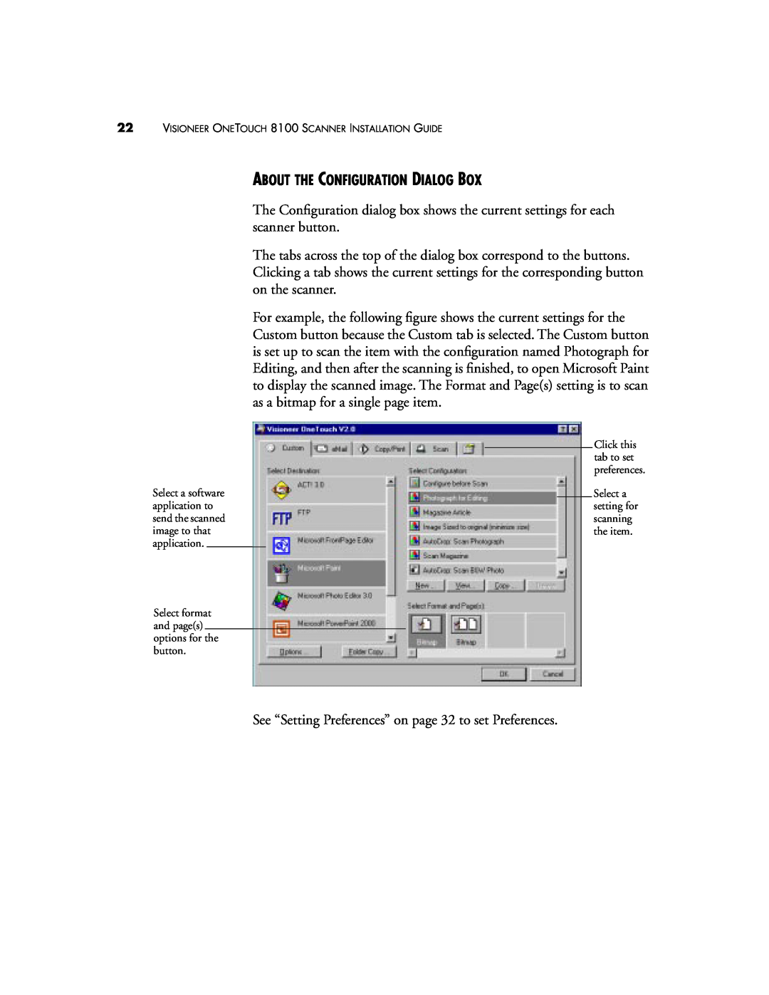 Visioneer 8100 manual About The Configuration Dialog Box 