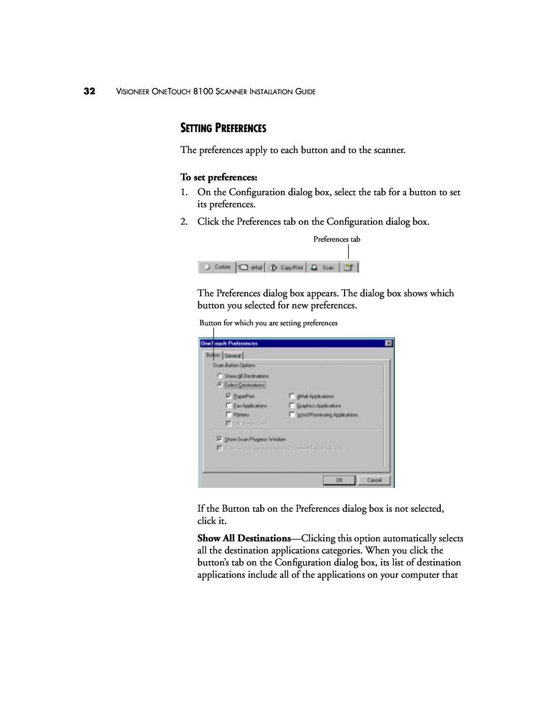Visioneer 8100 manual Setting Preferences, To set preferences 