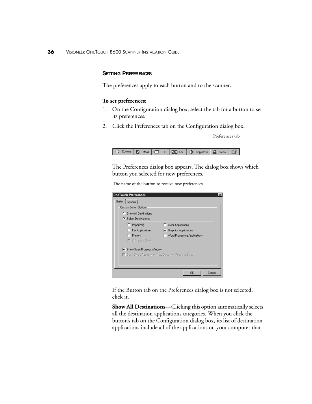 Visioneer 8600 manual Setting Preferences, To set preferences 