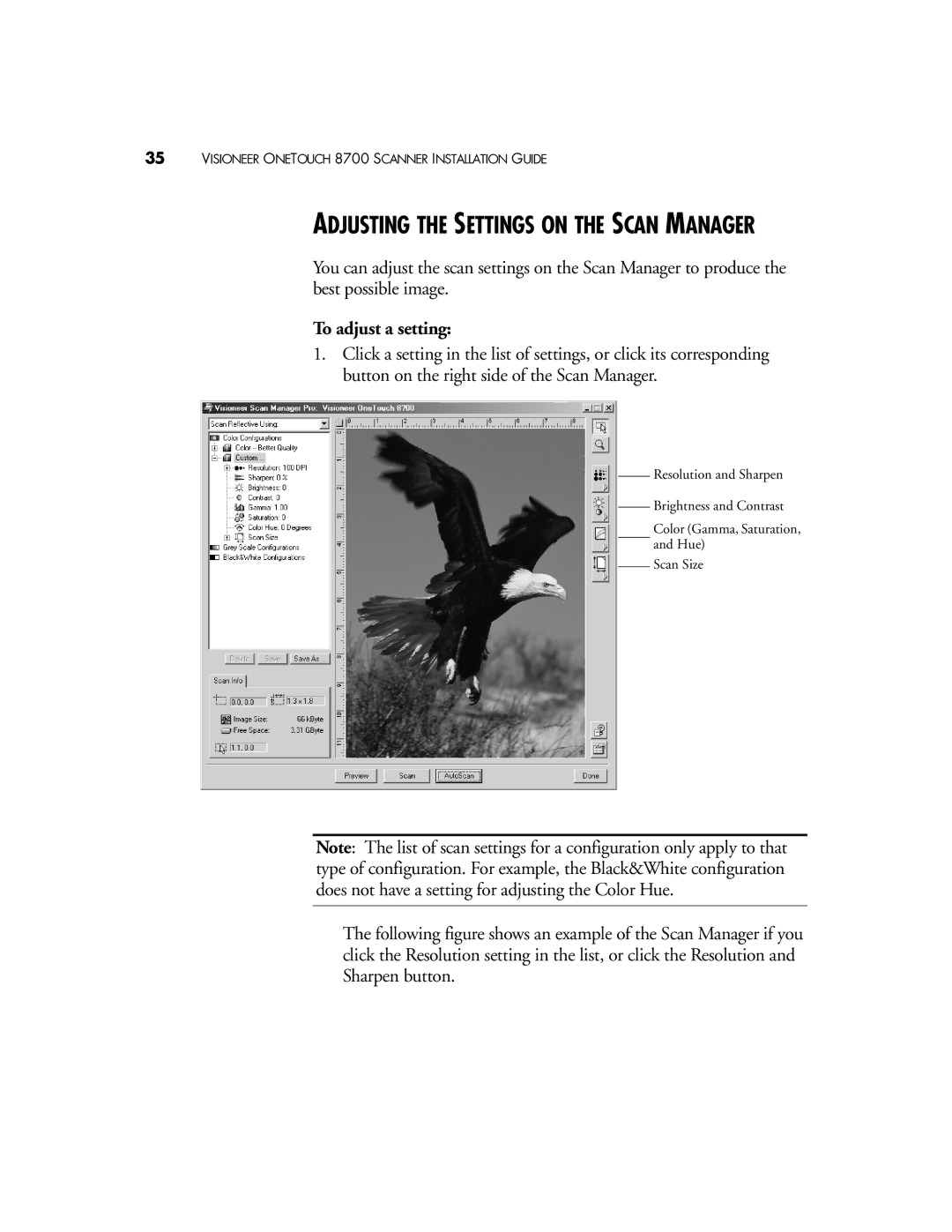 Visioneer 8700 manual Adjusting the Settings on the Scan Manager, To adjust a setting 