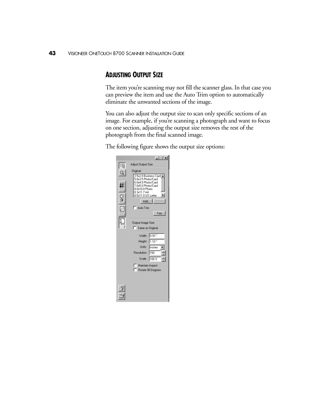 Visioneer 8700 manual Adjusting Output Size 