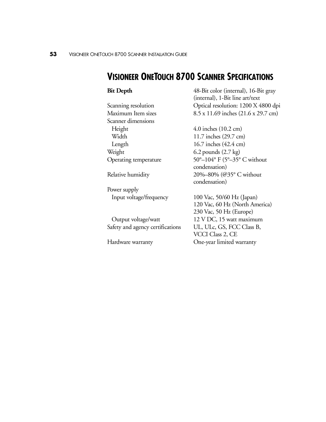 Visioneer manual Visioneer Onetouch 8700 Scanner Specifications, Bit Depth 