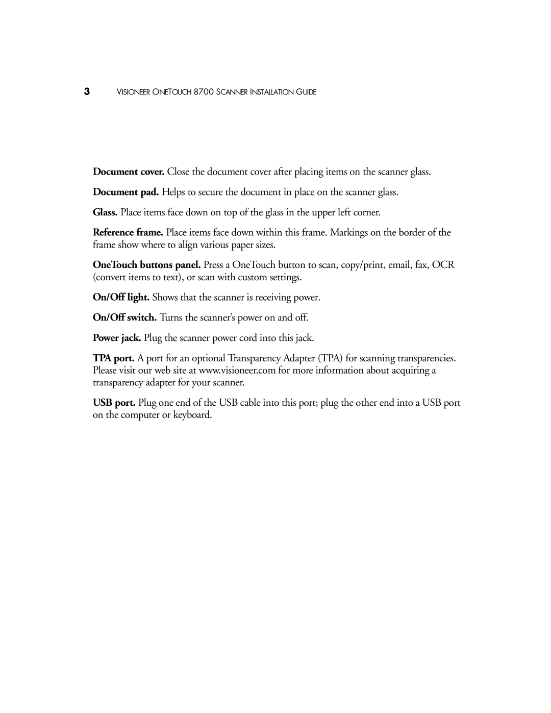 Visioneer manual Visioneer Onetouch 8700 Scanner Installation Guide 