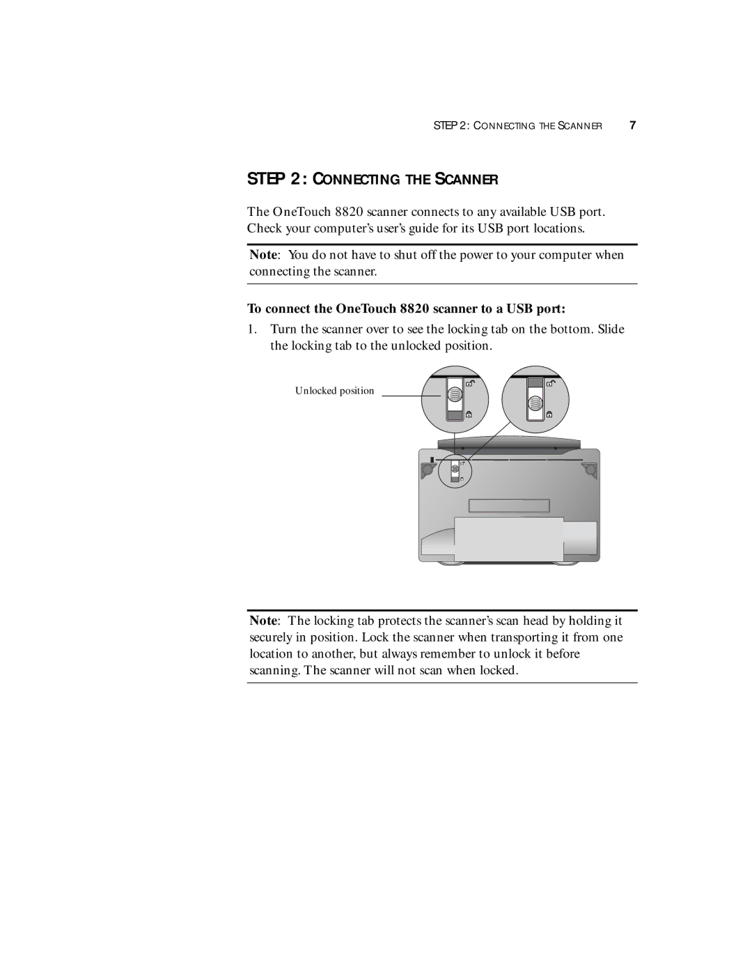 Visioneer manual Connecting the Scanner, To connect the OneTouch 8820 scanner to a USB port 