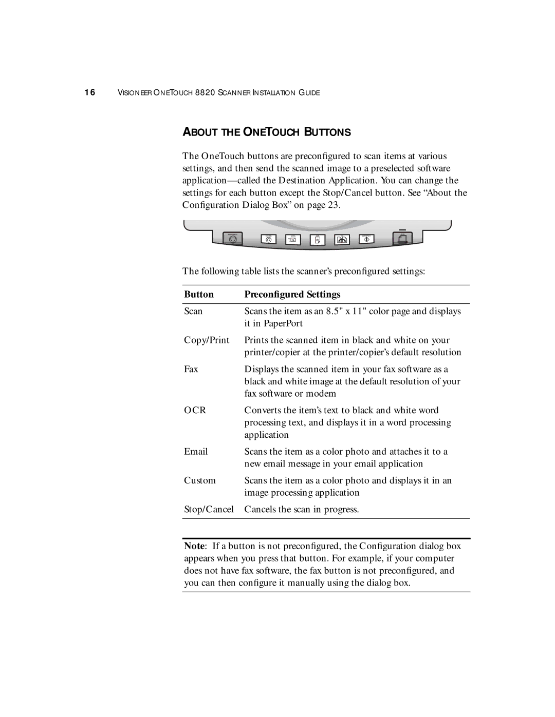 Visioneer 8820 manual About the Onetouch Buttons, Button Preconﬁgured Settings 