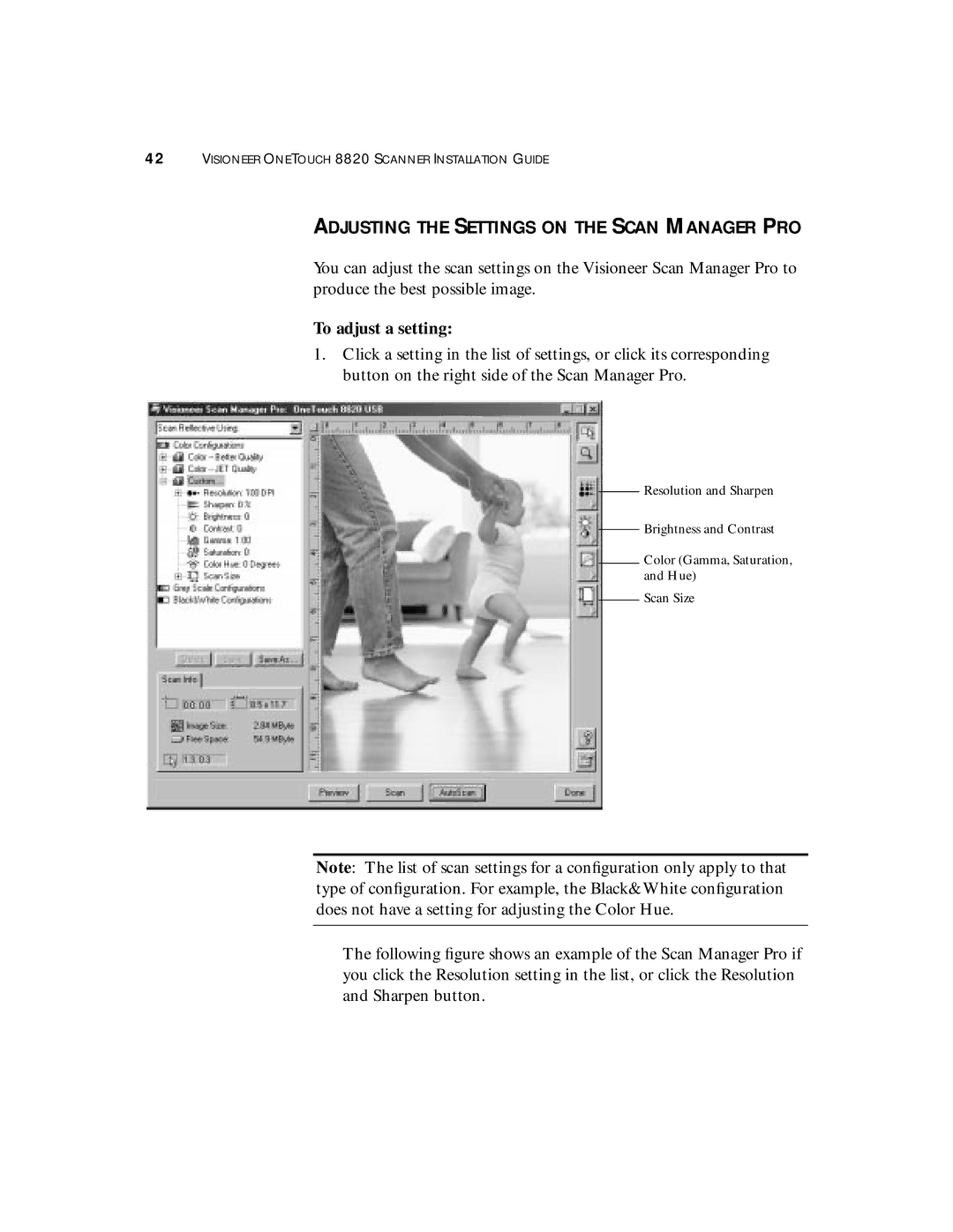 Visioneer 8820 manual Adjusting the Settings on the Scan Manager PRO, To adjust a setting 