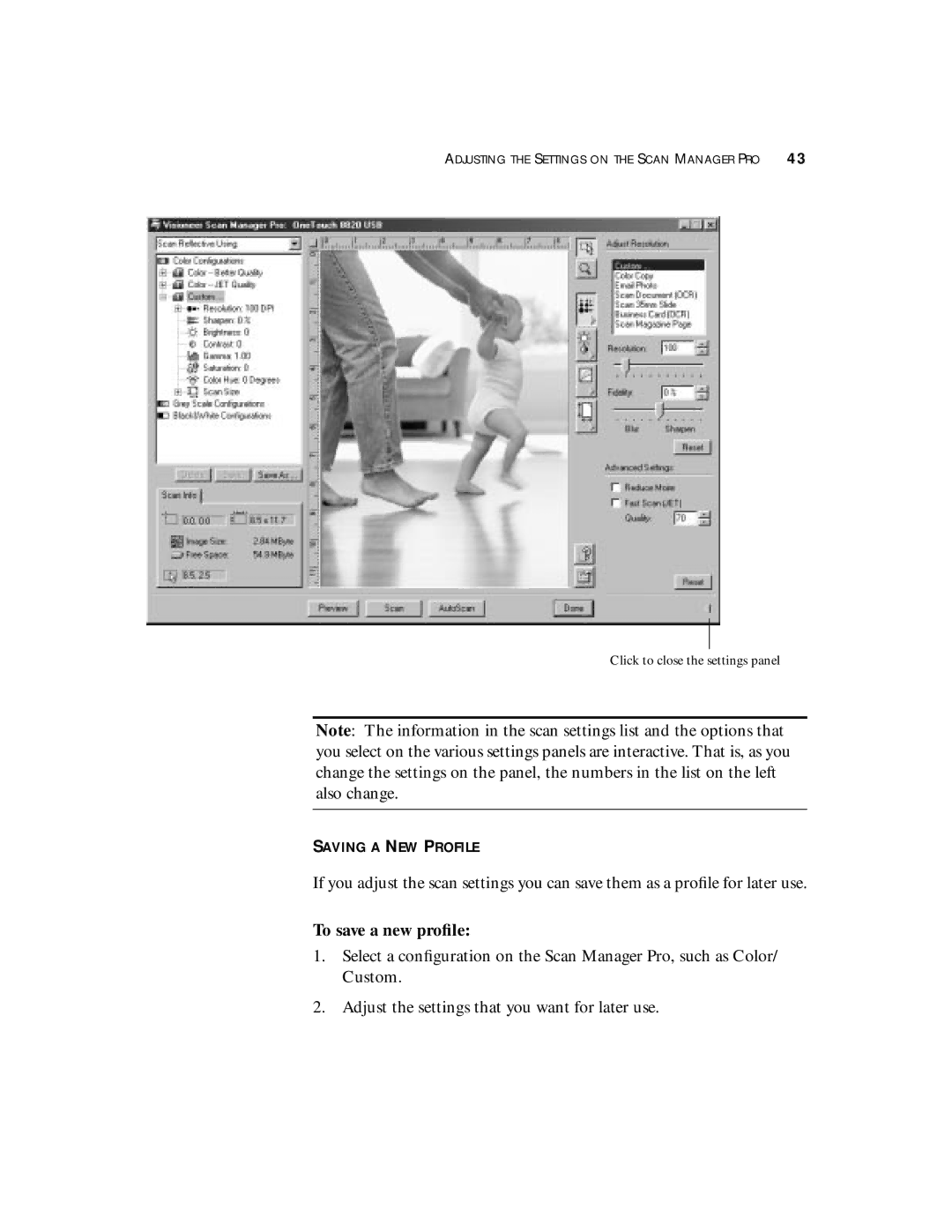 Visioneer 8820 manual Saving a NEW Profile, To save a new proﬁle 