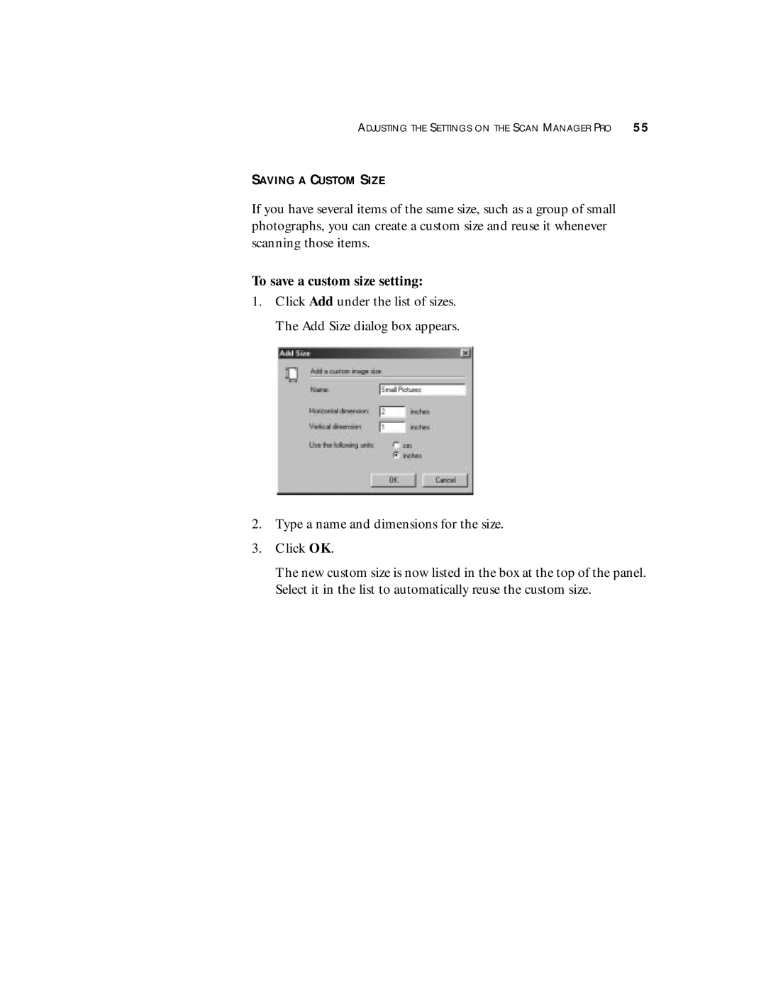 Visioneer 8820 manual Saving a Custom Size, To save a custom size setting 