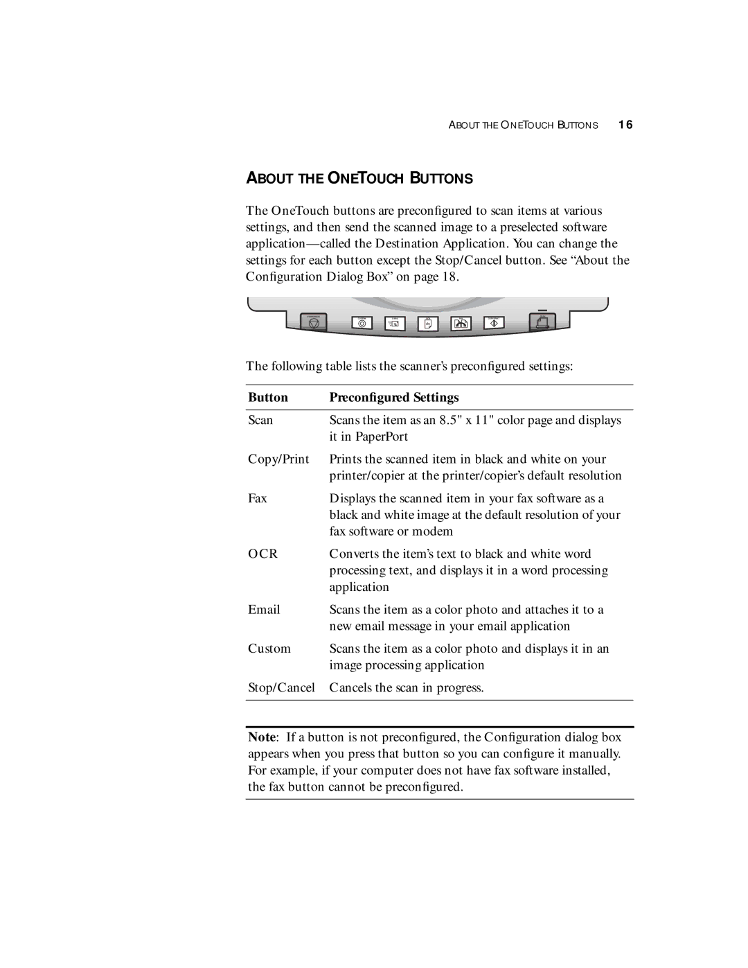 Visioneer 8900 manual About the Onetouch Buttons, Button Preconﬁgured Settings 