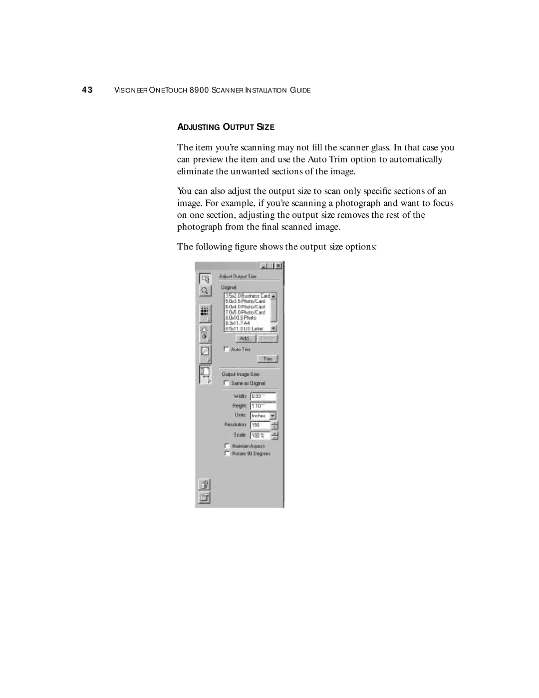 Visioneer 8900 manual Adjusting Output Size 