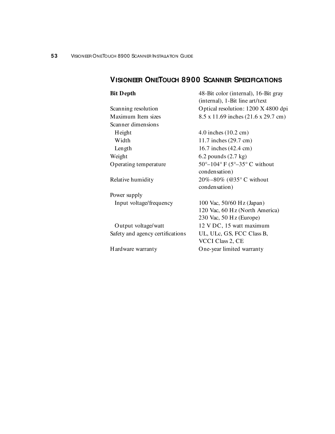 Visioneer manual Visioneer Onetouch 8900 Scanner Specifications, Bit Depth 