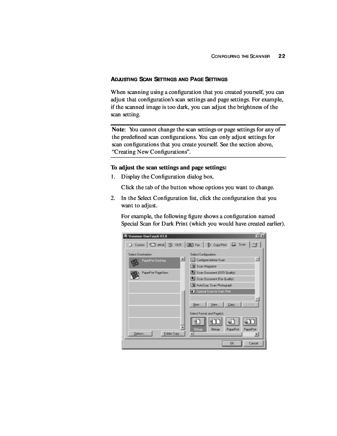 Visioneer 8900 manual Adjusting Scan Settings And Page Settings, To adjust the scan settings and page settings 